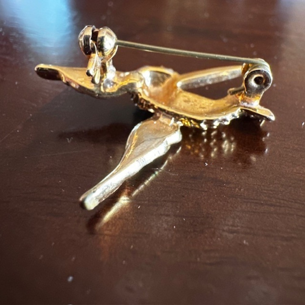 Vintage Hummingbird Brooch Gold Tone Enamel Rhinestone Bird Pin Green Purple 80s - Picture 3 of 4